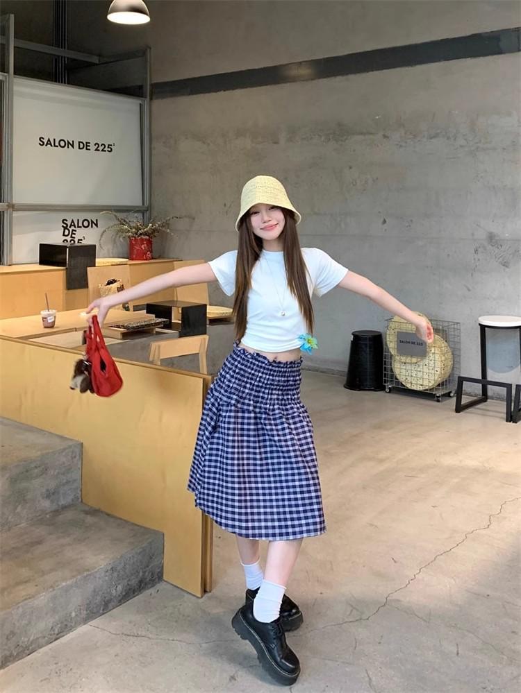 Korean Retro Checkered Bandeau Tank Dress A-Line Midi Skirt for Summer