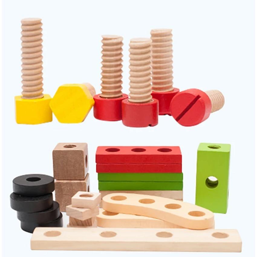 Holzmuttern-Schrauben-Demontage-Montage-Werkzeugkasten Spielzeug Simulation Reparatur Zimmermannswerkzeug Kreatives DIY Rollenspiel-Set für Kinder