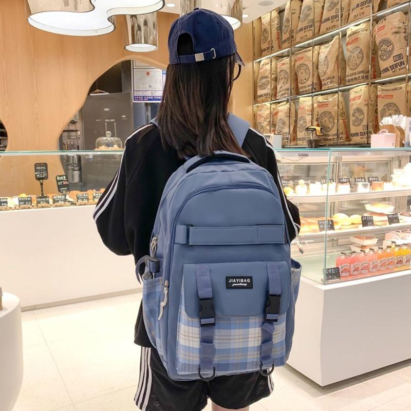 IELGY japanese plaid backpack female class simple casual girl large-capacity high-quality zipper schoolbag