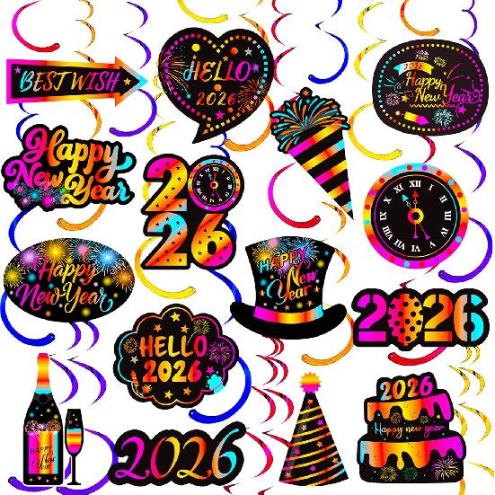 2026 Happy New Year Hanging Swirls New Years Party Decorations New Years Eve Ceiling Swirls Happy New Year Hanging Streames for Colorful New Year