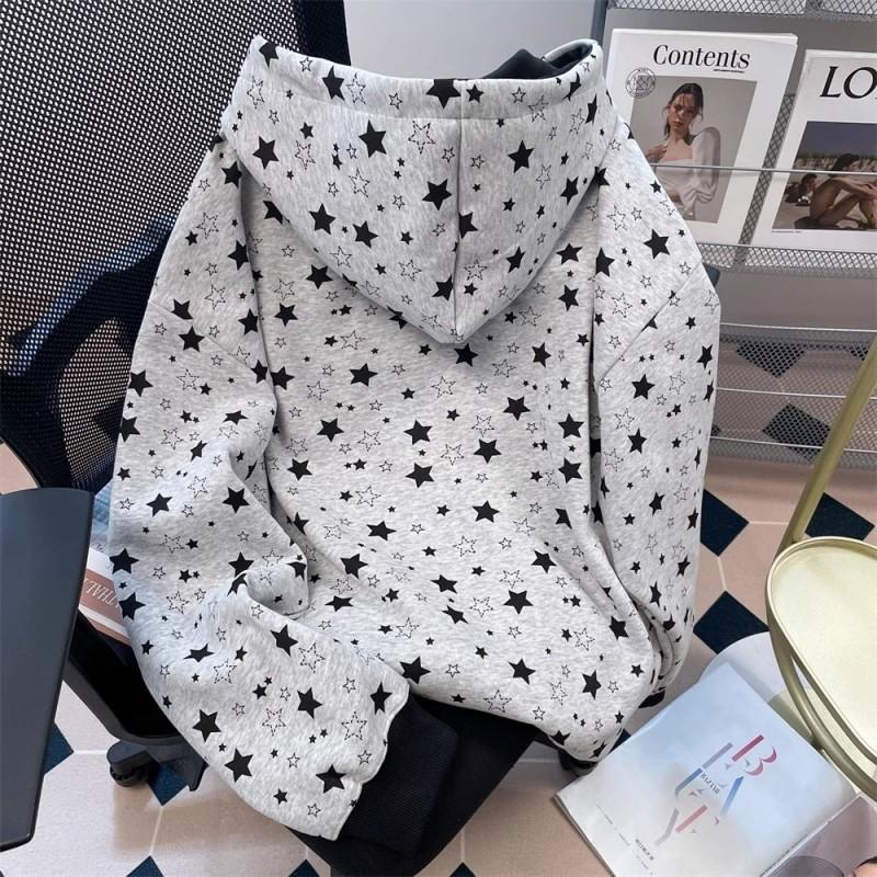 Unisex Oversized Hooded Sweatshirt With Star Print Cotton Blend Fall Winter Warm Casual Top