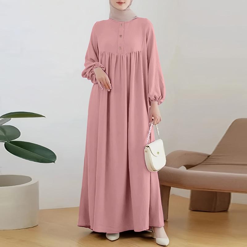 ZANZEA Women Casual Round Neck Solid Color Loose Long Sleeve Dress
