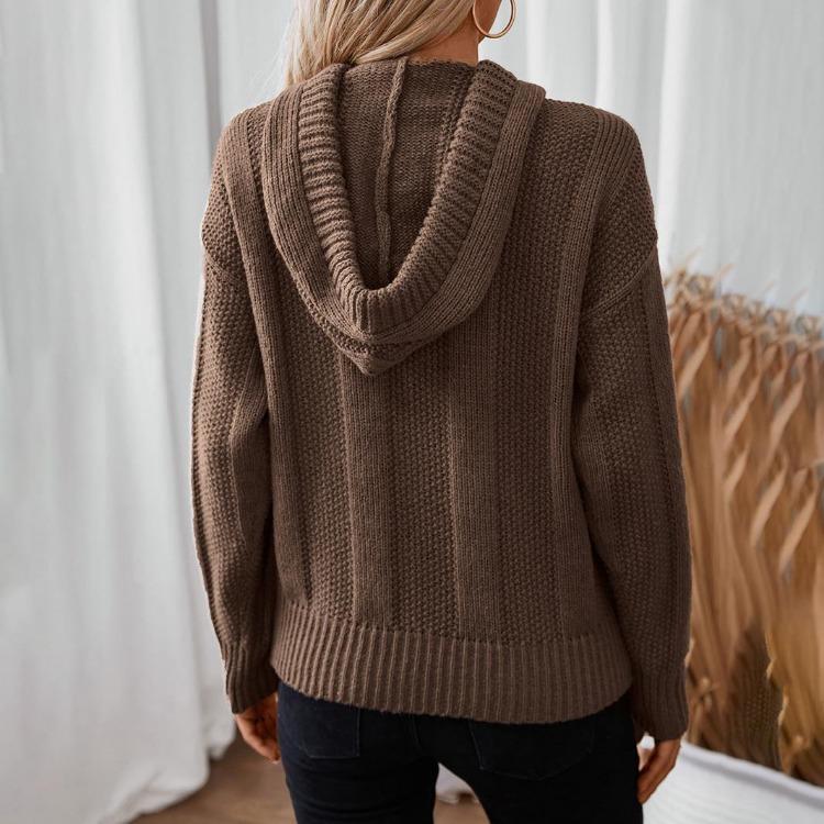 Vintage Hooded Pullover Sweater Solid Color V-Neck Knitwear Top Loose Long Sleeve Autumn Winter