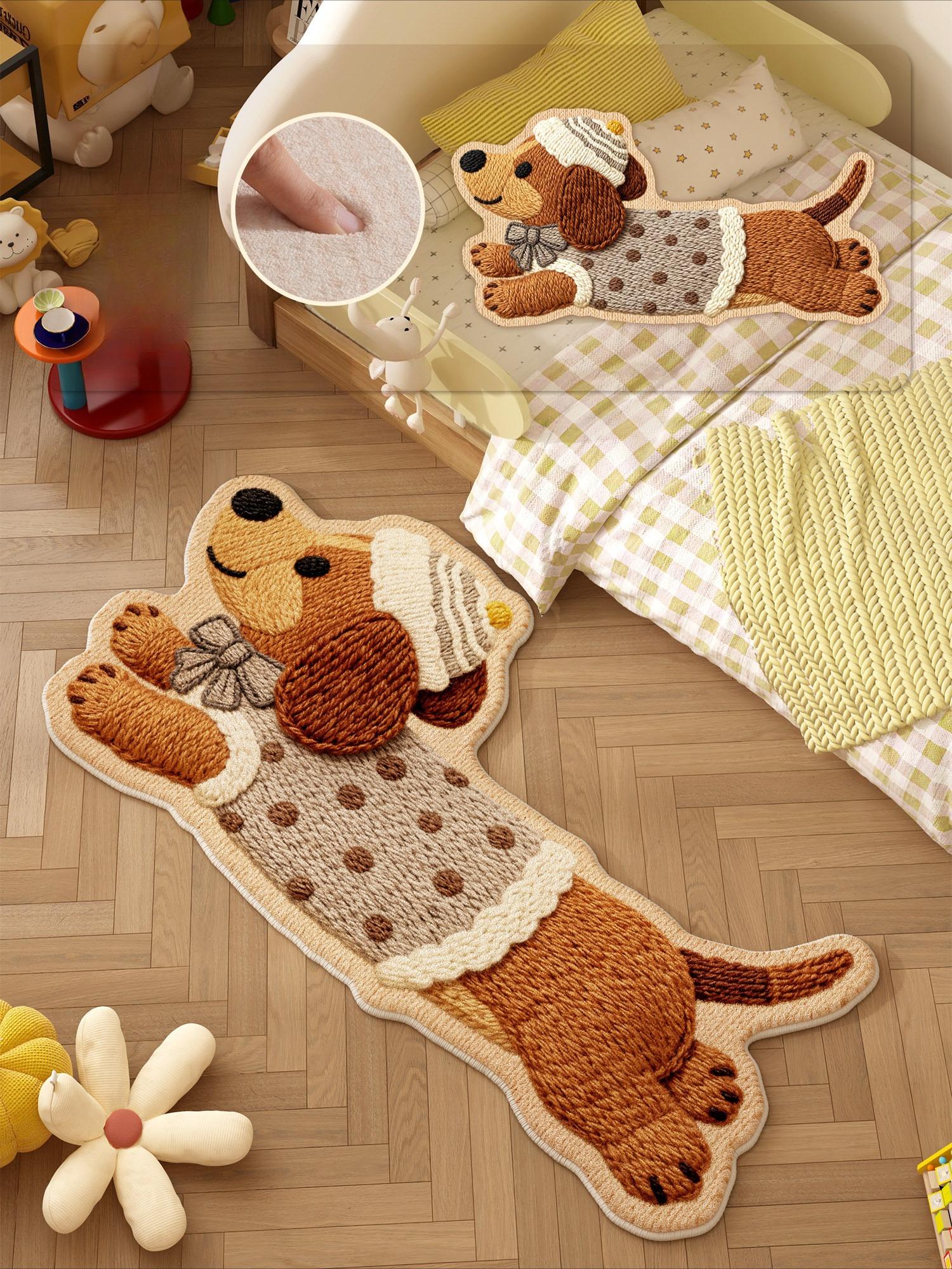 Tapis Décoration Chambre Motif Chien Dessin Animé Forme Irrégulière Tapis pour Salon Moelleux Doux Tapis de Sol de Chevet Tapis Épais en Peluche 50x80CM brown