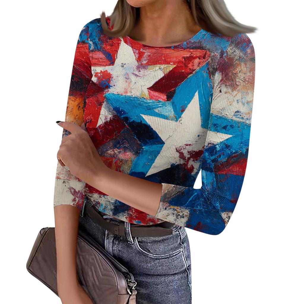 Women's Casual Fashion Round Neck Independence Day Print Three-Quarter Sleeve Ribbed Top