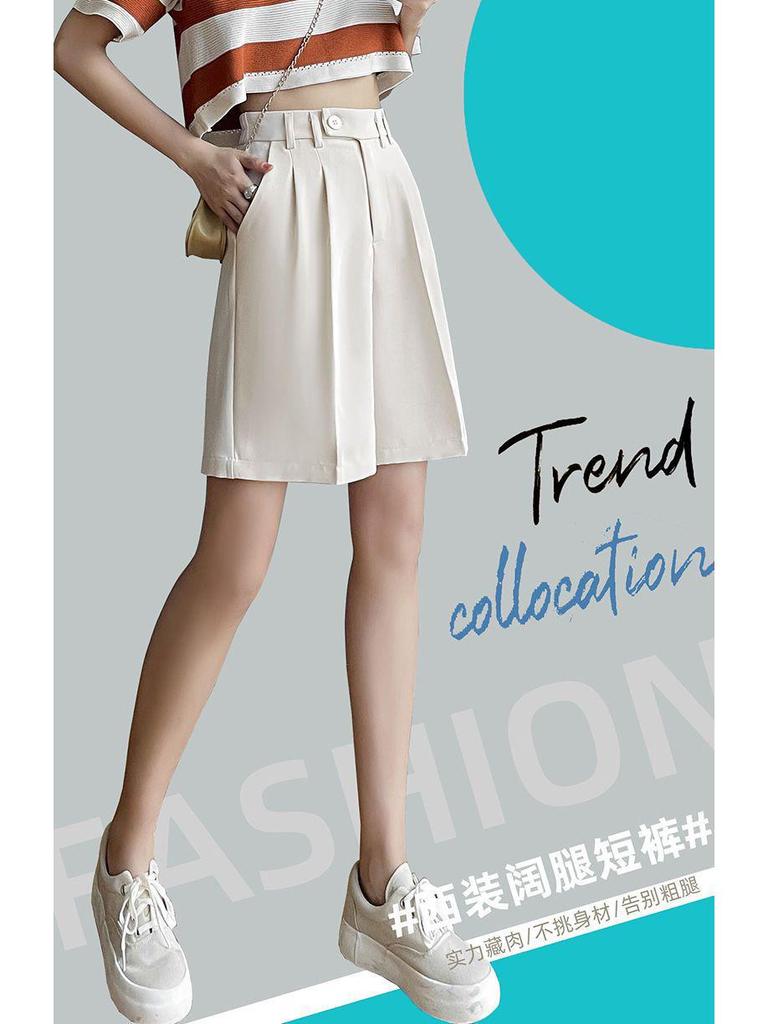 Women's High-Waist Black Bermuda Shorts: Summer, Loose, Straight-Leg, Slimming A-Line, Hong Kong Style.