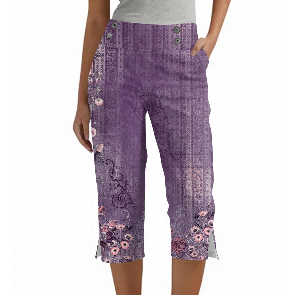 Damen Vintage Blumenmuster Knopf Tasche Hose Schlitz Hohe Taille Sport Yoga Freizeit Hose