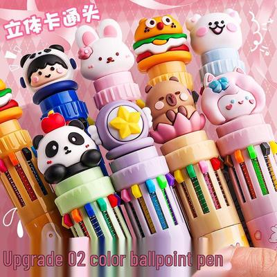 Kaba Bear Ten-Color Ballpoint Pen: Cute Multi-Color Press-Type for Note-Taking, Ideal for Elementary Students.