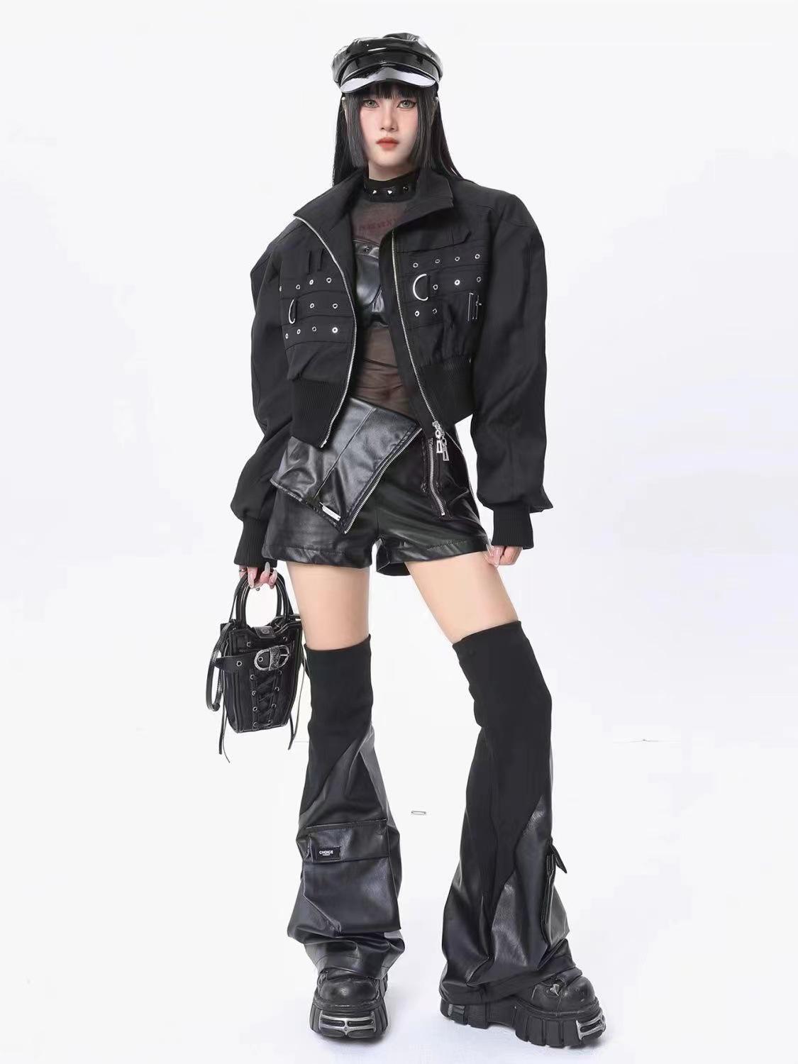 Dark Style Spicy Girl Black PU Leather Leg Warmers with 3D Pocket & Patchwork Design One Size чёрный