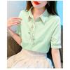 Womens Pink Floral Embroidered Button Down Shirt Casual Short Sleeve Puff Sleeve Blouse