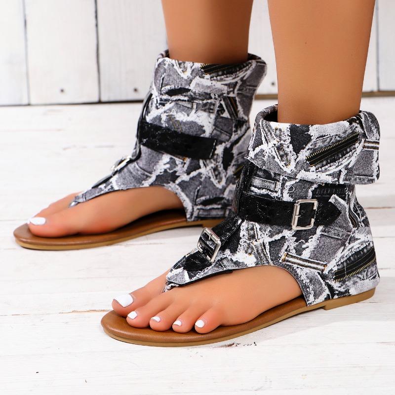 Fashion Women Sandals Summer Clip Toe Roman Sandals Denim Belt Buckle New High Top Herringbone Flat Boots Women Dressy Casual Sandals