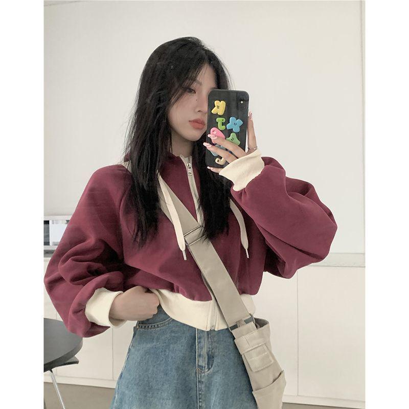 

Women s Retro Colorblock Hooded Sweatshirt, Drawstring Slim Fit, Long Sleeve Jacket for Spring/Autumn 2025. 2XL [Recommended 130-150 jin]