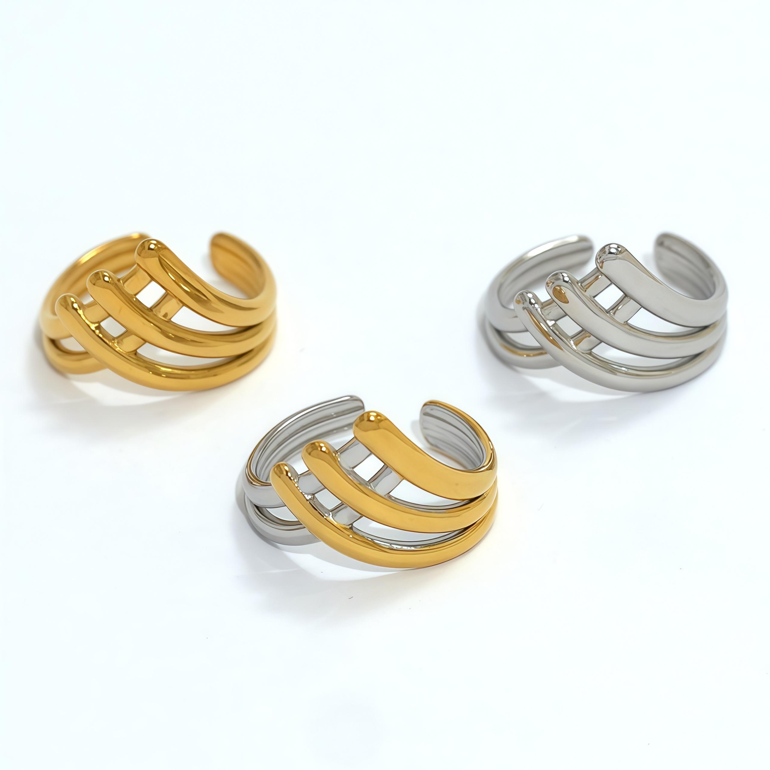 

Stainless Steel Rings for Women Gold Color Multilayer Geometric Open Ring Vintage Waterproof Wedding Aesthetic Zircon Gift resizable