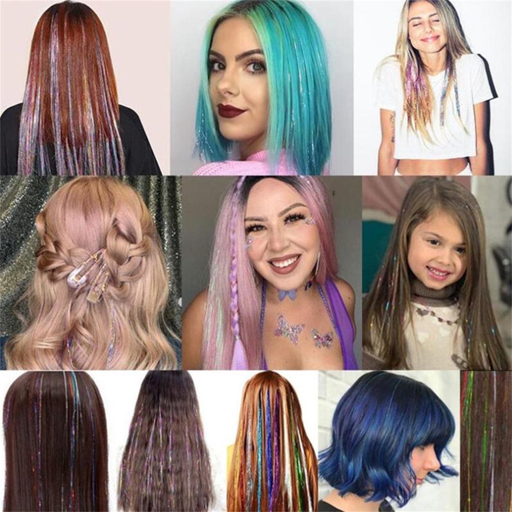 600 Strähnen funkeln glänzendes Haar Lametta Regenbogen-Haarverlängerung blendet Frauen Hippie-Haardekoration Flechten Haar-Styling-Tools