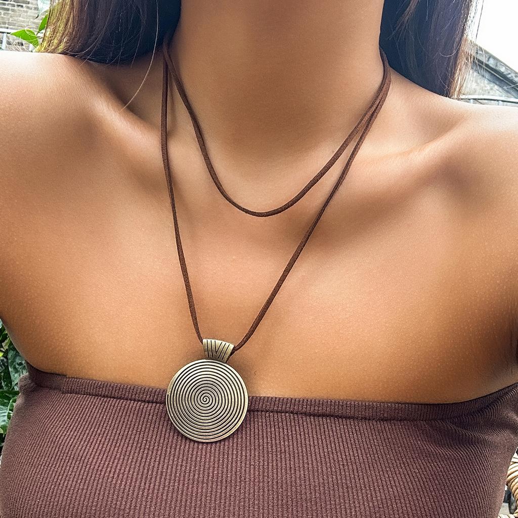 PuRui Punk Big Round Disc Pendant Necklace for Women Long Brown Rope Chain Charm Choker Vintage Zircon Collar Party Club Gift