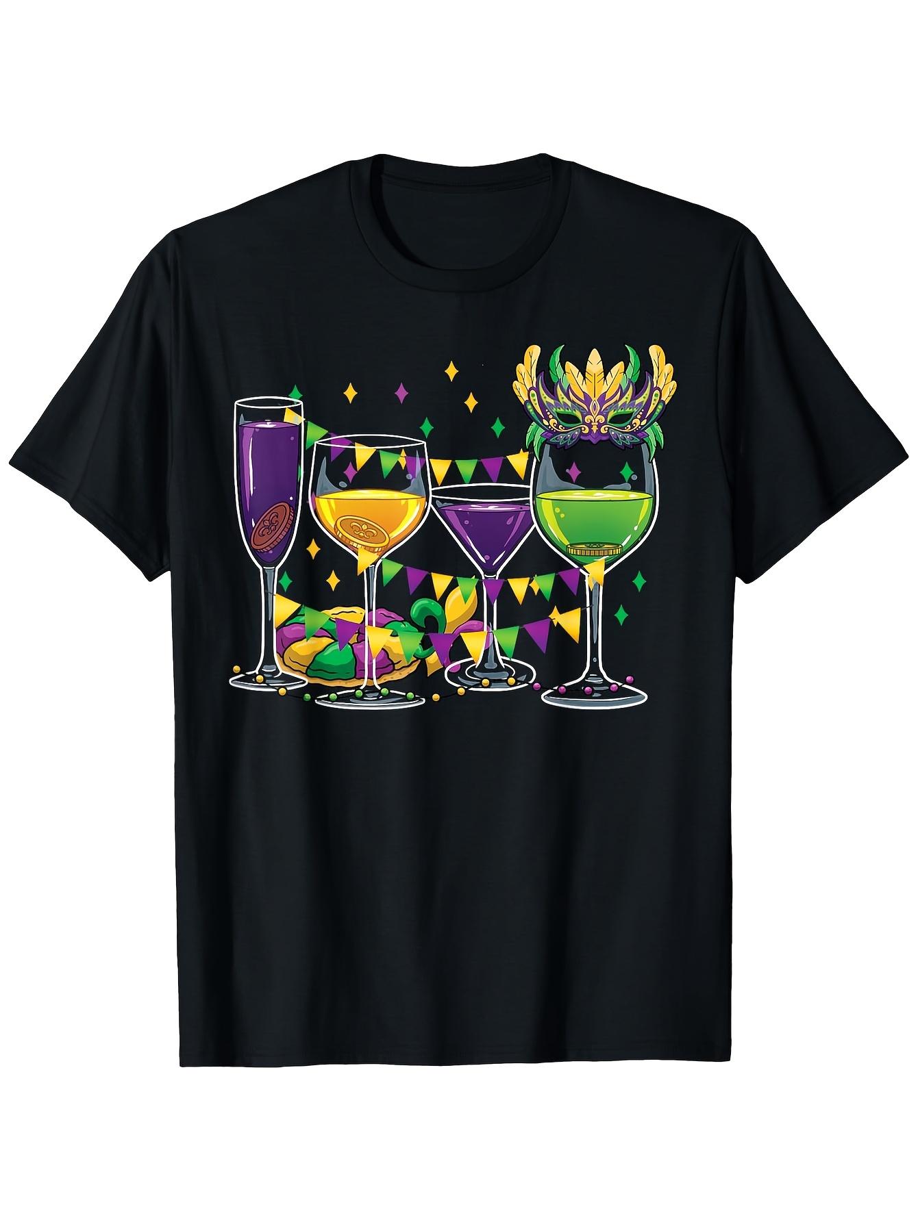 Mardi Gras Wine Glass Parade T-shirt - Vibrant Purple Green Golden Festive Print S