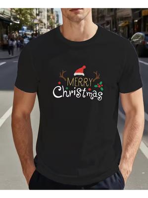 Mens Christmas T-Shirt Merry Christmas Print Holiday Party Casual Breathable Tee