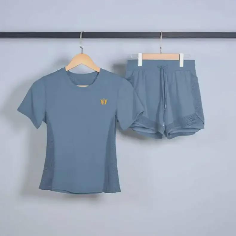 Women's Breathable Summer Yoga and Running Set: Loose Fit, Quick-Drying Shorts with Short Sleeves.
