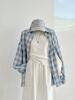 Plus Size Korean Blue Plaid Shirt & Vest Wide-Leg Pants Set for Women