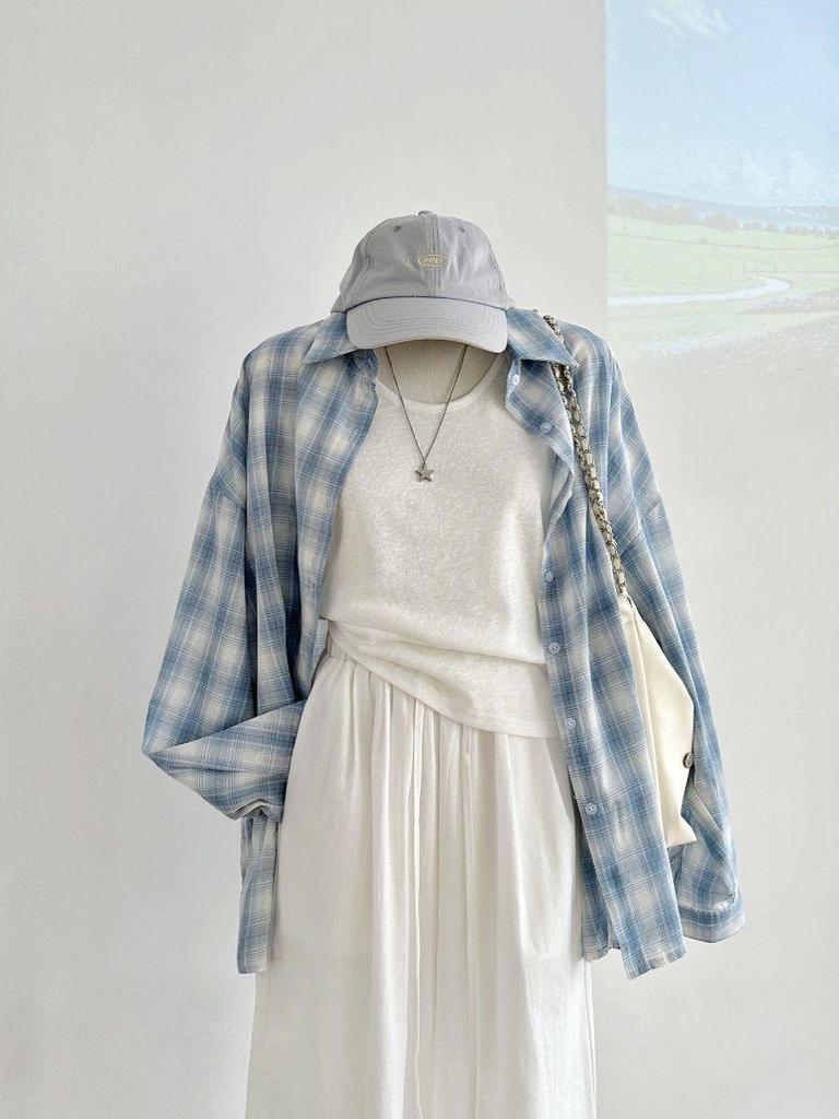 Plus Size Korean Blue Plaid Shirt & Vest Wide-Leg Pants Set for Women