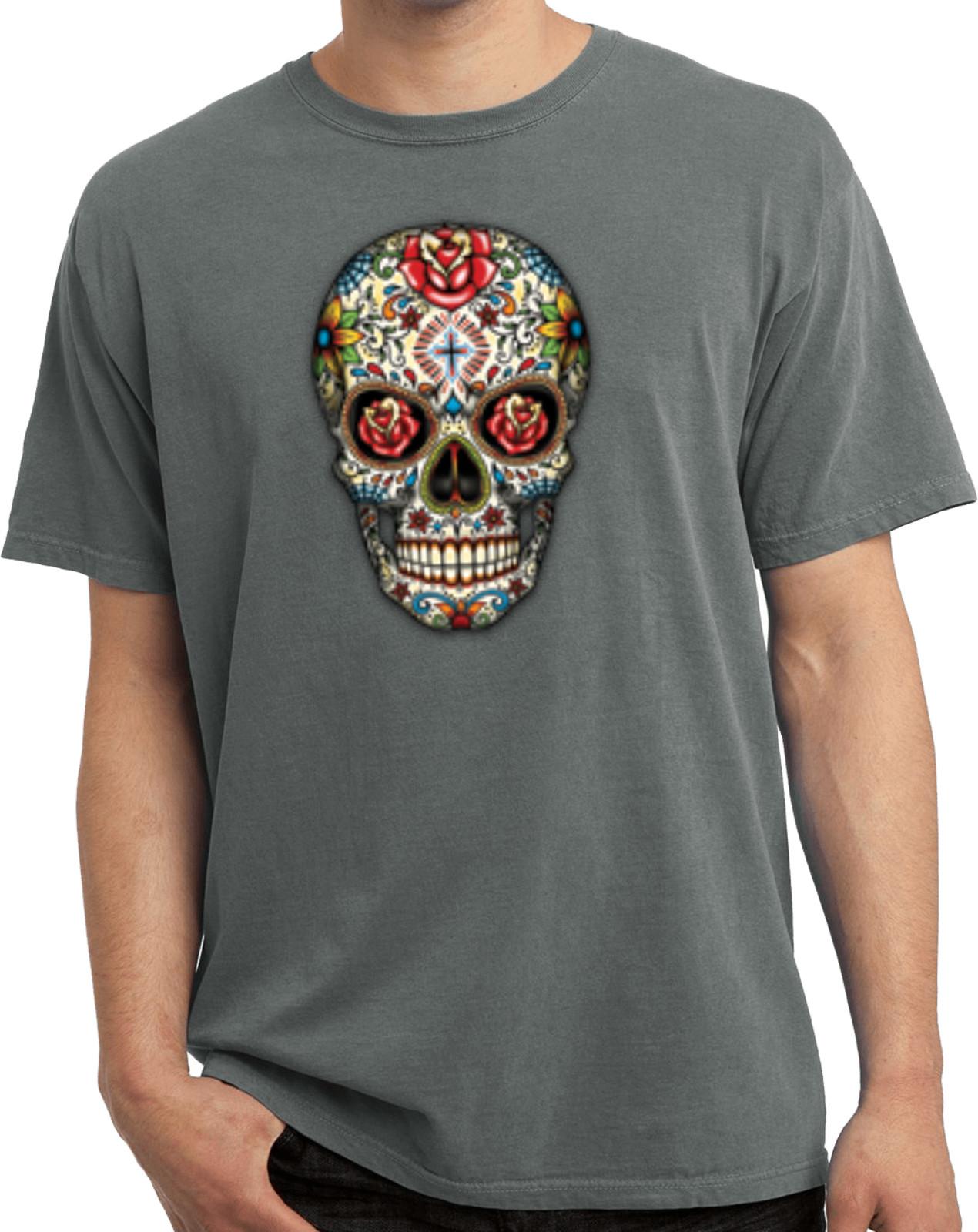Halloween T-shirt Sugar Skull with Roses Pigment Dyed Tee S