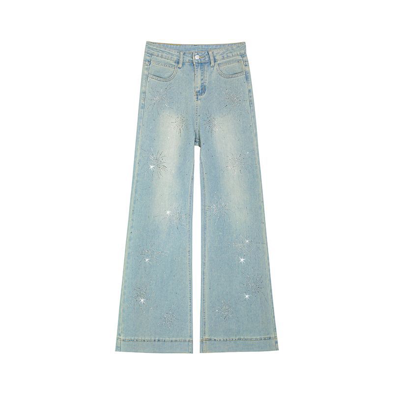 Spring Summer Firework Bling Rhinestone Non Cling Soft Relaxed Micro Flare Denim Pants For Ladies Casual Pants Oversize Denim Trousers