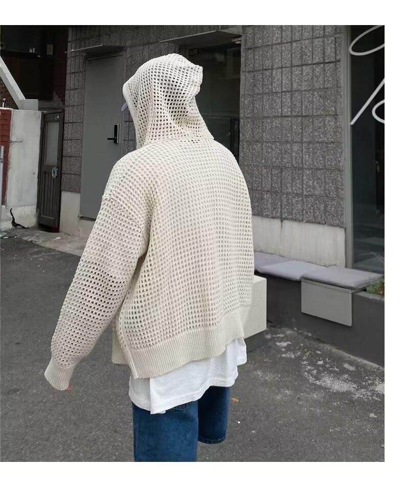 Men's High-Grade Hooded Cardigan - Lightweight Knitted Sweater, Sun-Protective, Hollow Design for Couples.