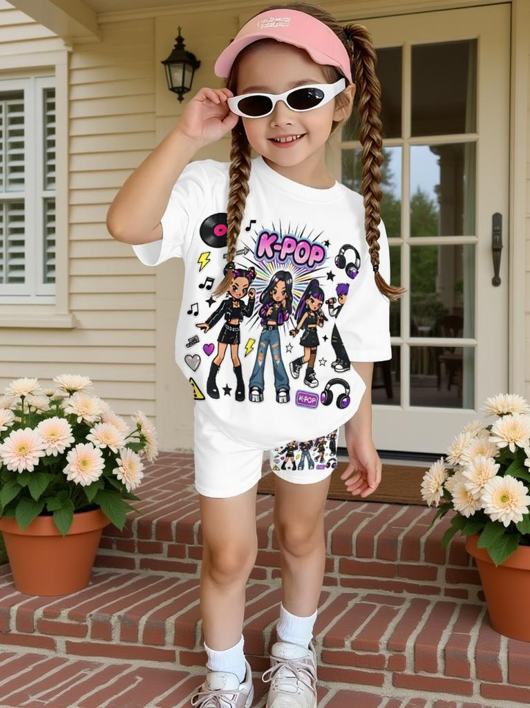 Lässige Kpop Beliebte Cartoon-Print Sommerkleidung für Mädchen Rundhals Kurzarm und Shorts Tägliche Kleidung Kinderkleidung Mädchen