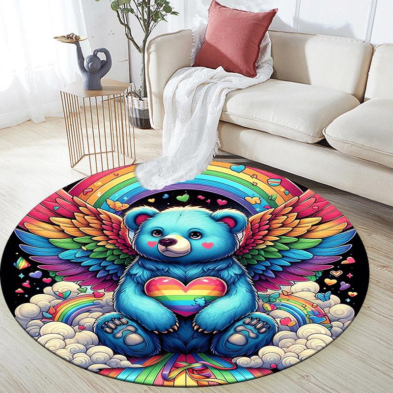 1pc Soft, Absorbent & Non Slip Cute Little Bear with Wings Round Rug Soft Circle Rug for Living Room & Bedroom Decor, Chair Mats, and Unforg