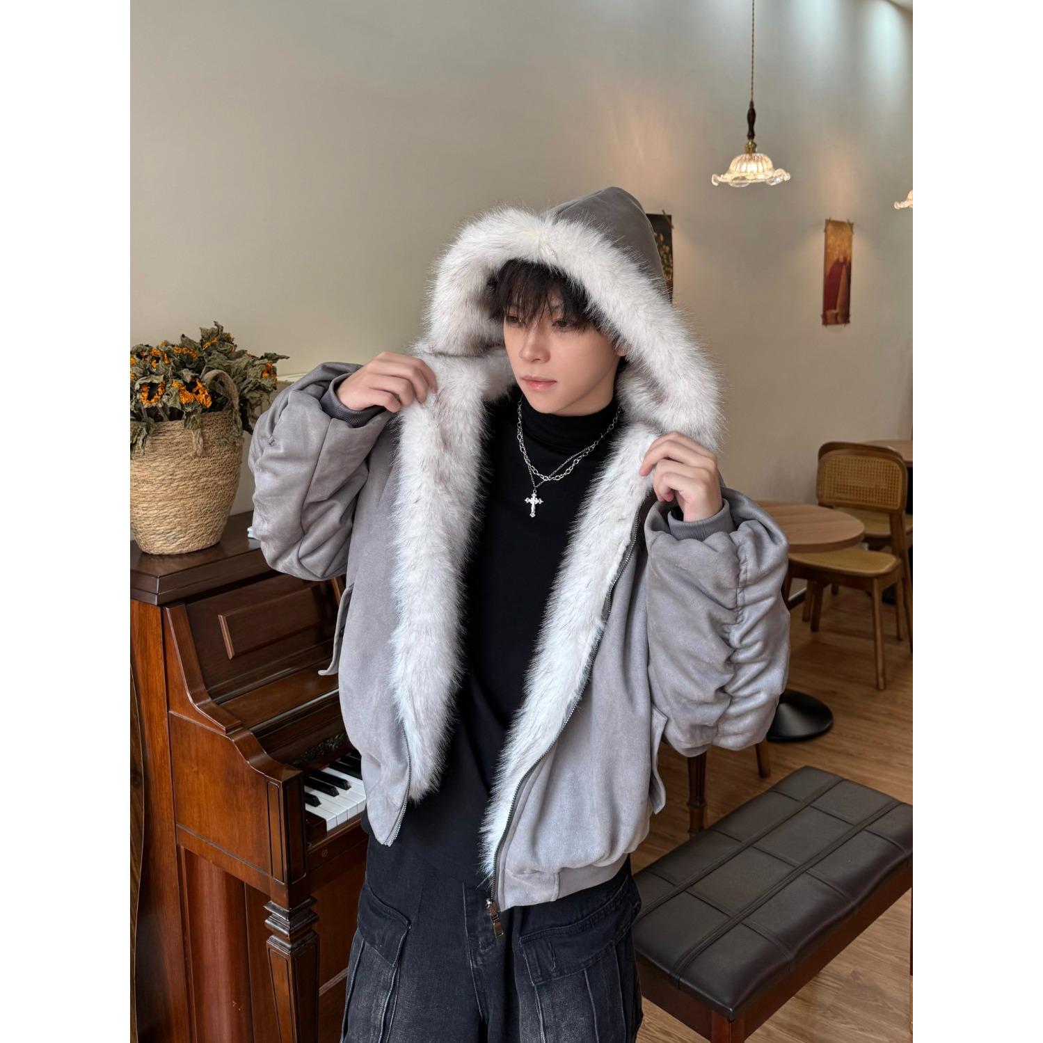 

Men s Retro Grey Suede Velvet Jacket with Fur Collar and Golden Eagle Design Extra Large сірий