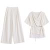 Summer new design sense fashionable lace splicing pile collar top wide leg pants suit women