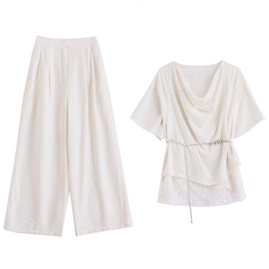 Summer new design sense fashionable lace splicing pile collar top wide leg pants suit women