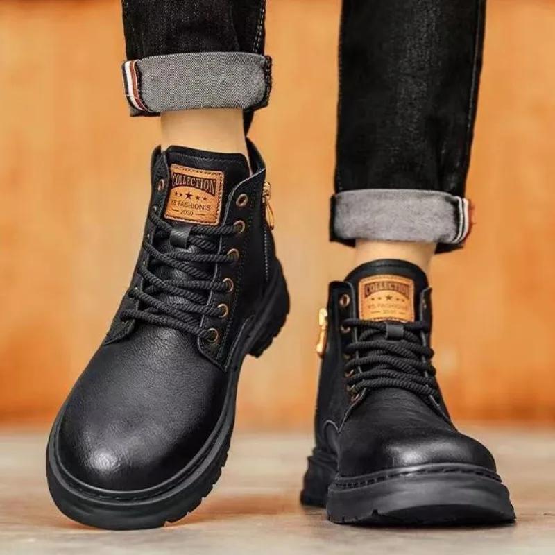 Fashion Men's Boots Fashion Motorcycle Boots High-top Casual Leather Boots for Men Plush Warm Winter Boot Non Slip Platform Boot Botas