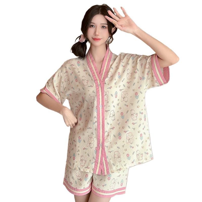 Summer Pajamas Women's Bubble Cotton Korean Version Cute Texture Comfortable Loungewear Short Sleeves Shorts Fat Mm Loose Suit