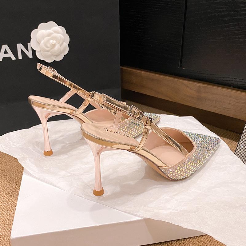 Temperament pointed head full diamond high heel bag head sandals summer new silver word with empty back thin heel show legs long