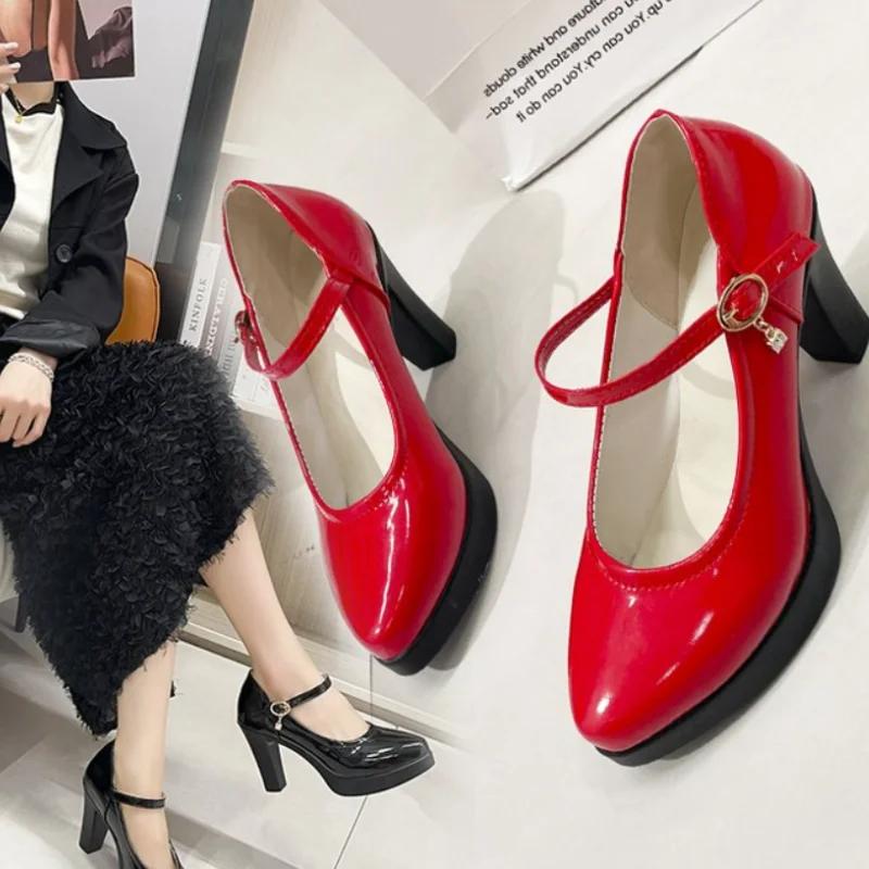 Fashion Ankle Strap Thick Heels Pumps for Women 2024 Pu Leather Office High Heeled Shoes Woman's Elegant Platform Mary Jane Shoes Casual
