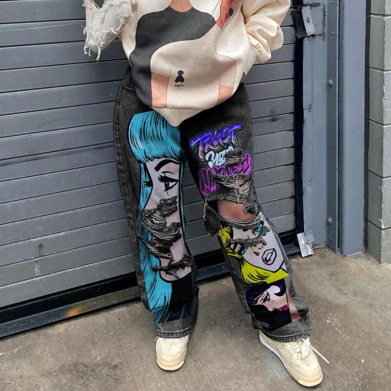 High Street Style Printed Baggy Wide Leg Jeans Hip Hop Cartoon Graphic Denim Trousers Streetwear