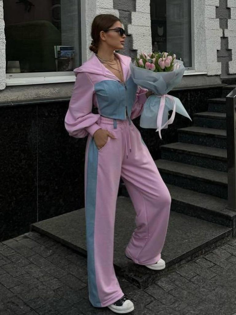 Modisches Freizeit-Hoodie-Set Denim-Patchwork mit Reißverschluss Langarmhose Damen-Outfit 2-teiliges Set