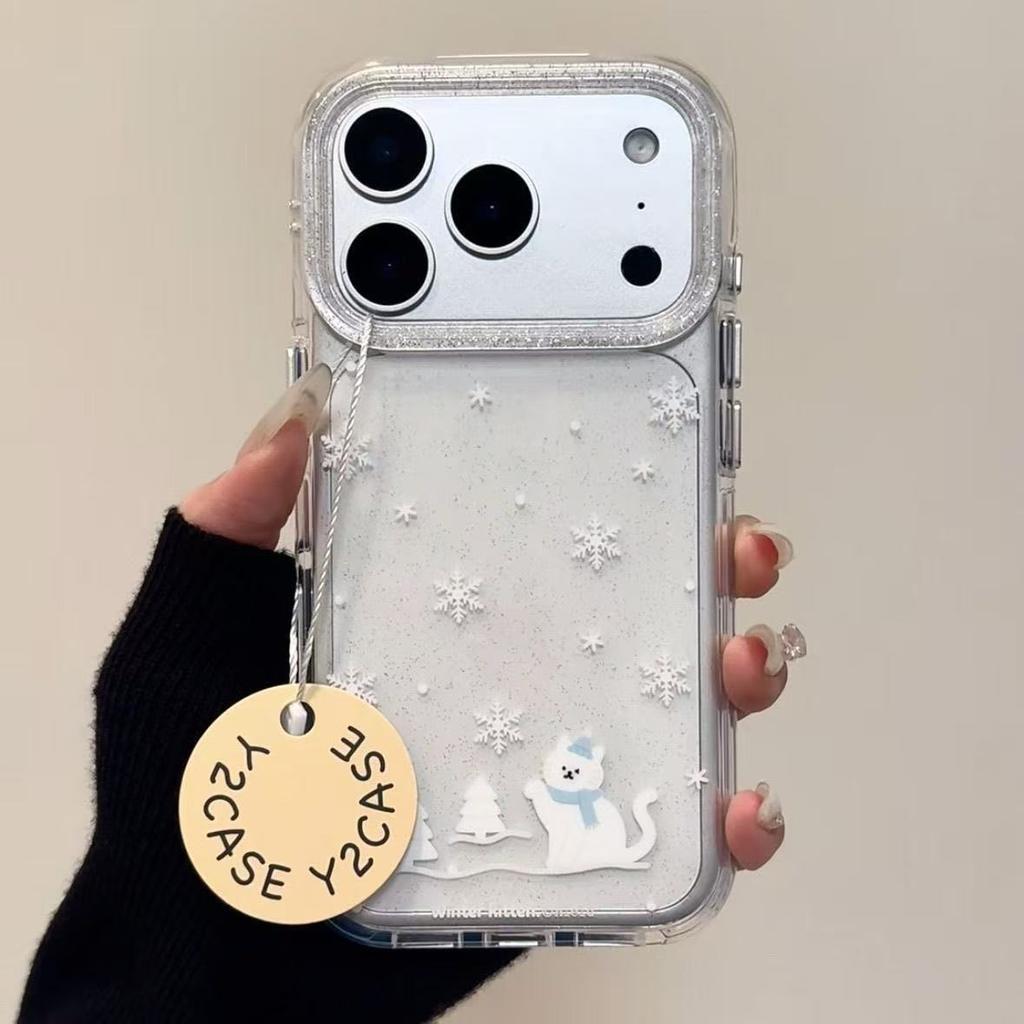 Nuova Cover Invernale Rosa Scintillante Fiocco di Neve Gatto per iPhone 17 Promax Air 16 15 14 13 12 11 Pro Max 7 8Plus Copertura Trasparente