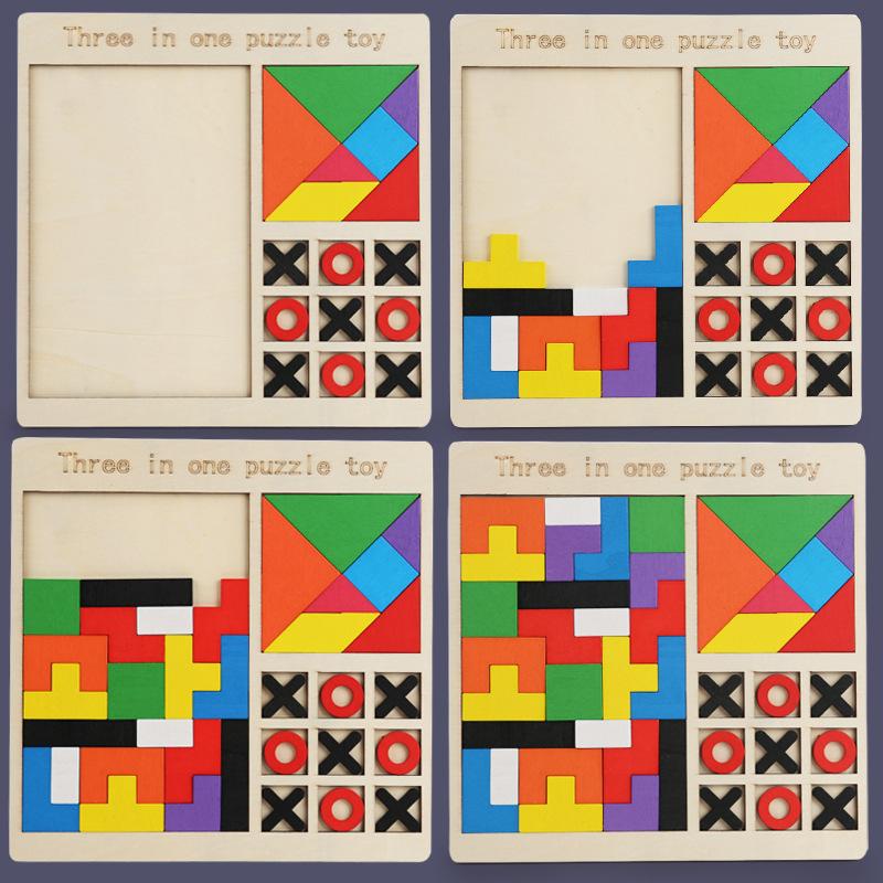 Wooden Children's Puzzle Tetris Tangram Game Chess Three-in-one Puzzle Building Block Early Education Toy Building Block