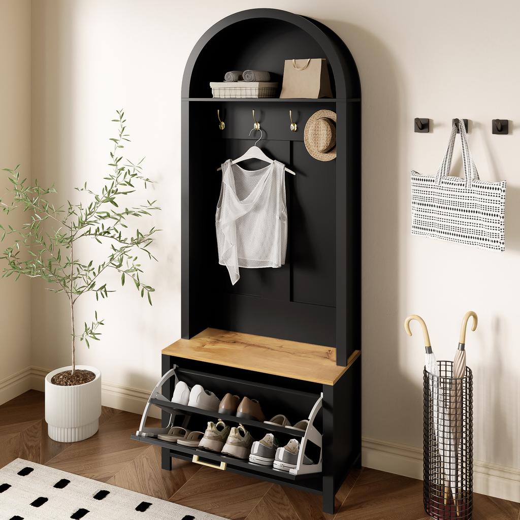 Multifunctional Coat Cabinet with Shoe Rack, Shelf & Hooks – Hall Tree for Entryway, Durable MDF Body, Modern Design, Sturdy Iron Legs, Storage