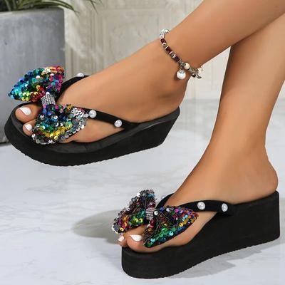 Fashion 2024 Ladies Shoes Plus Size Women's Slippers New Sequins Butterfly-knot Daily Slippers Women Summer String Bead Wedge Slippers