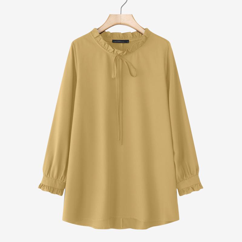 ZANZEA Dame Casual Rund Hals Ensfarget Løs Langermet Bluse