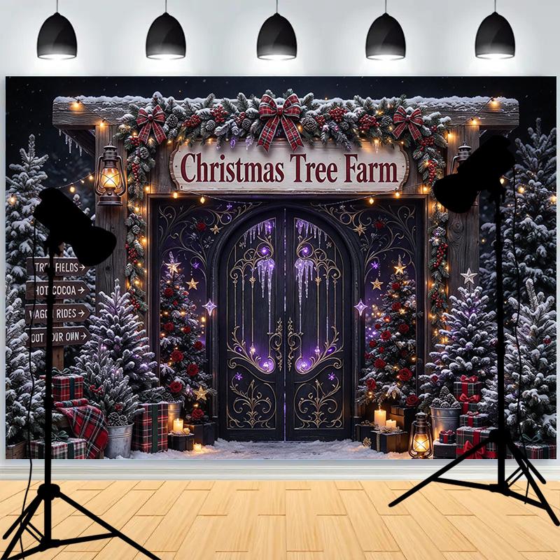 Christmas Day Wreach Wooden Door Background Xmas Trees Family Photos Santa Claus Children Portraits Photography Backdrops XR-18
