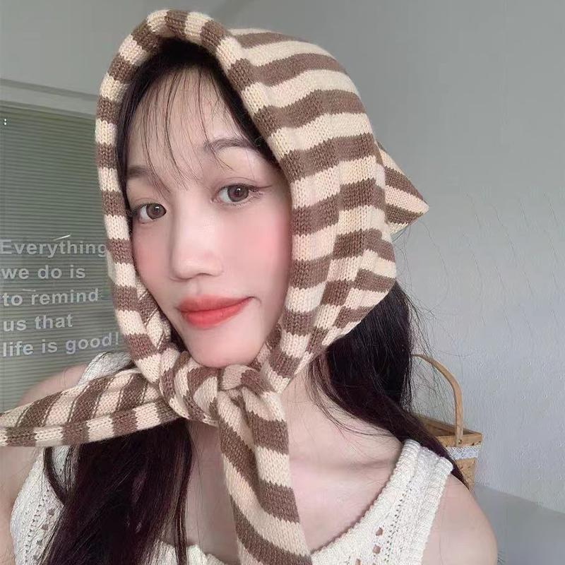 Autumn And Winter Warm Knitted Striped Headscarf Women'S Neck Protection Triangle Scarf