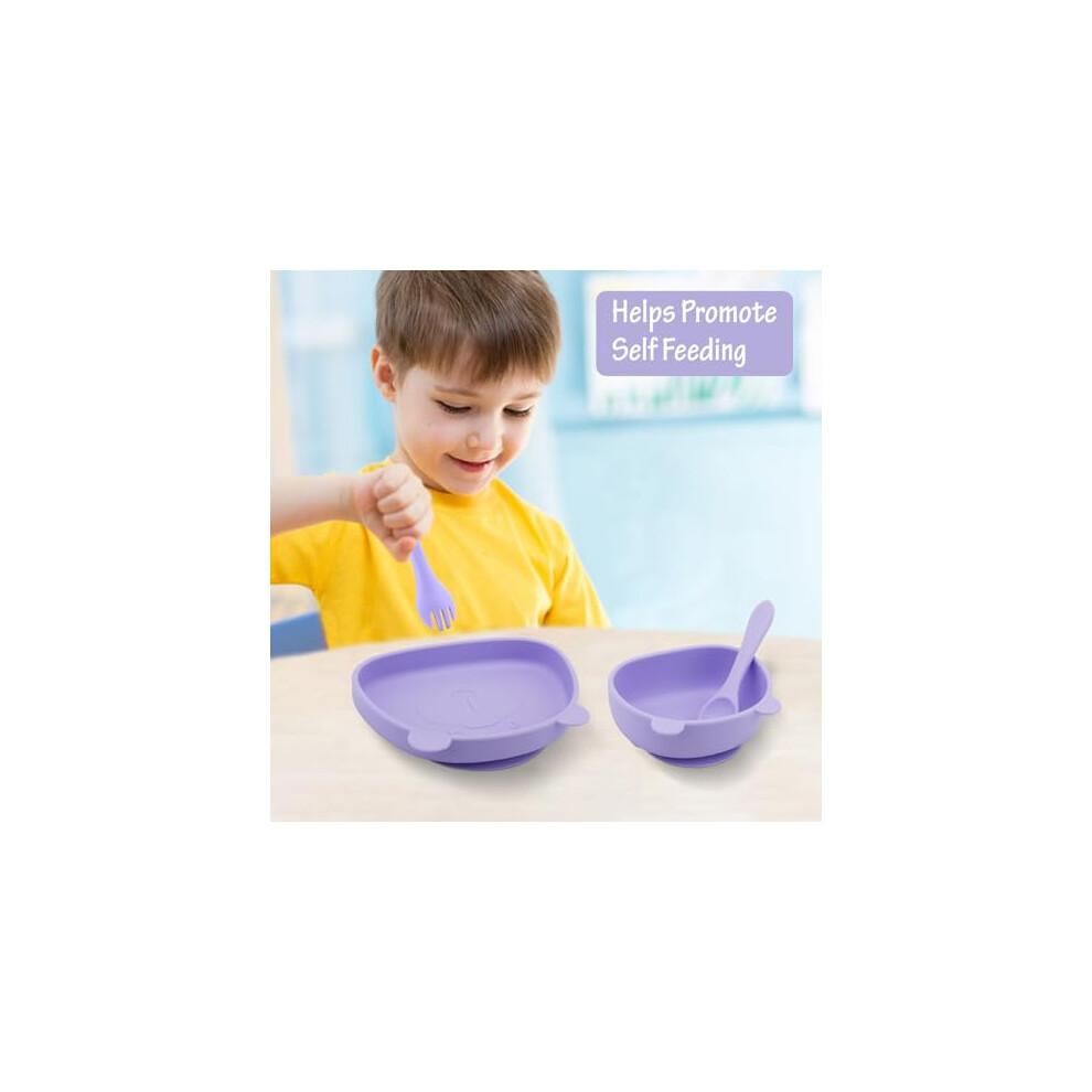 Qshare Suction Baby Plate and Bowl Set with Fork Spoon,Non Slip Toddler Divided Placemat,BPA Free Silicone Feeding Set for Babies Toddlers Kids