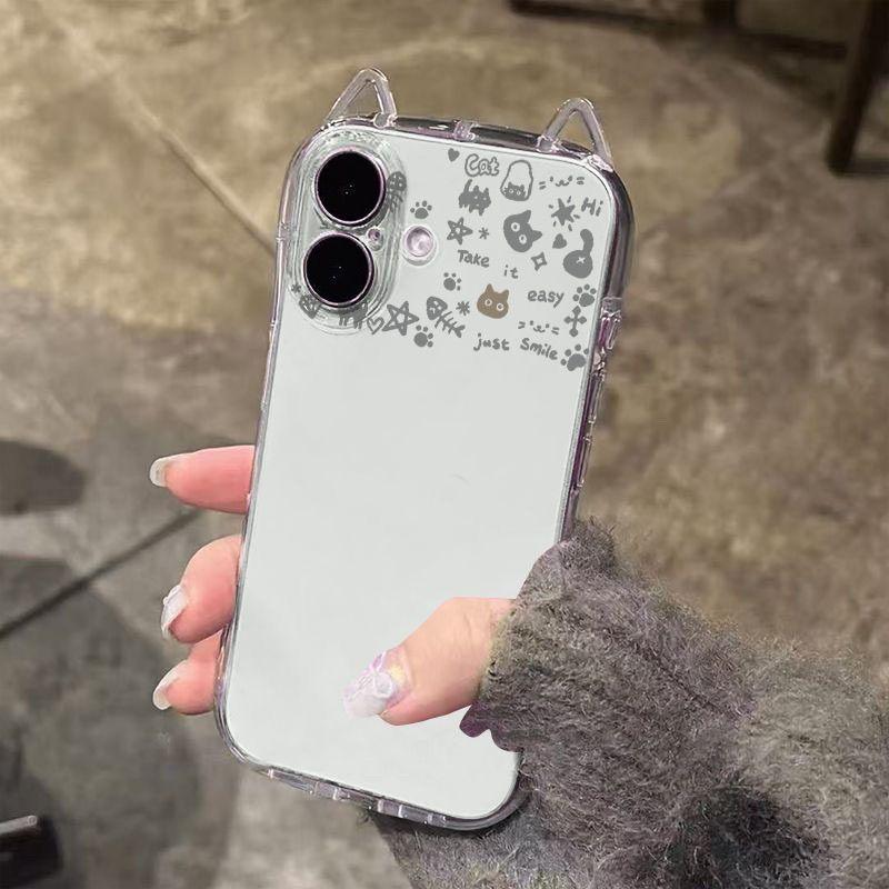 Transparent cat ears cute cat graffiti for Apple 16151413promax phone case 1211