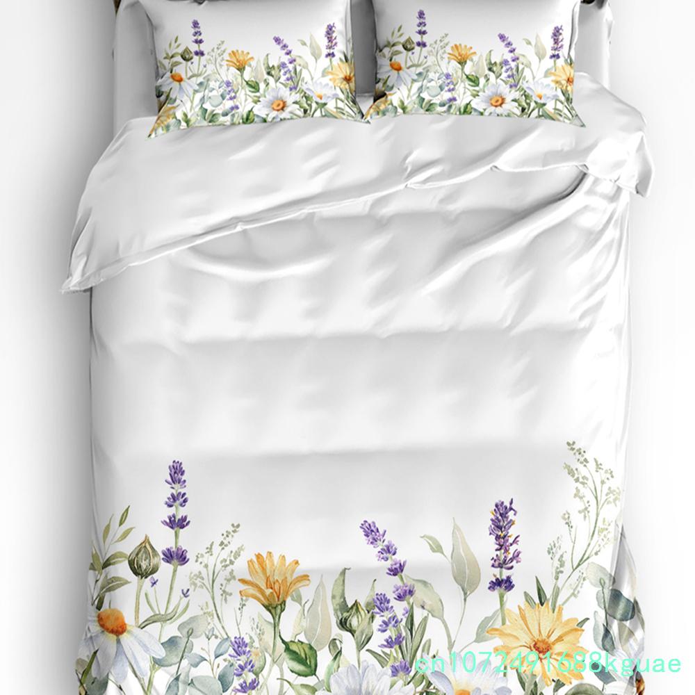 Fiori Selvatici Eucalipto Girasole Pianta Lavanda Set Biancheria da Letto 3 Pezzi per Letto Matrimoniale Tessile per la Casa Copripiumino Coperta Copricuscino