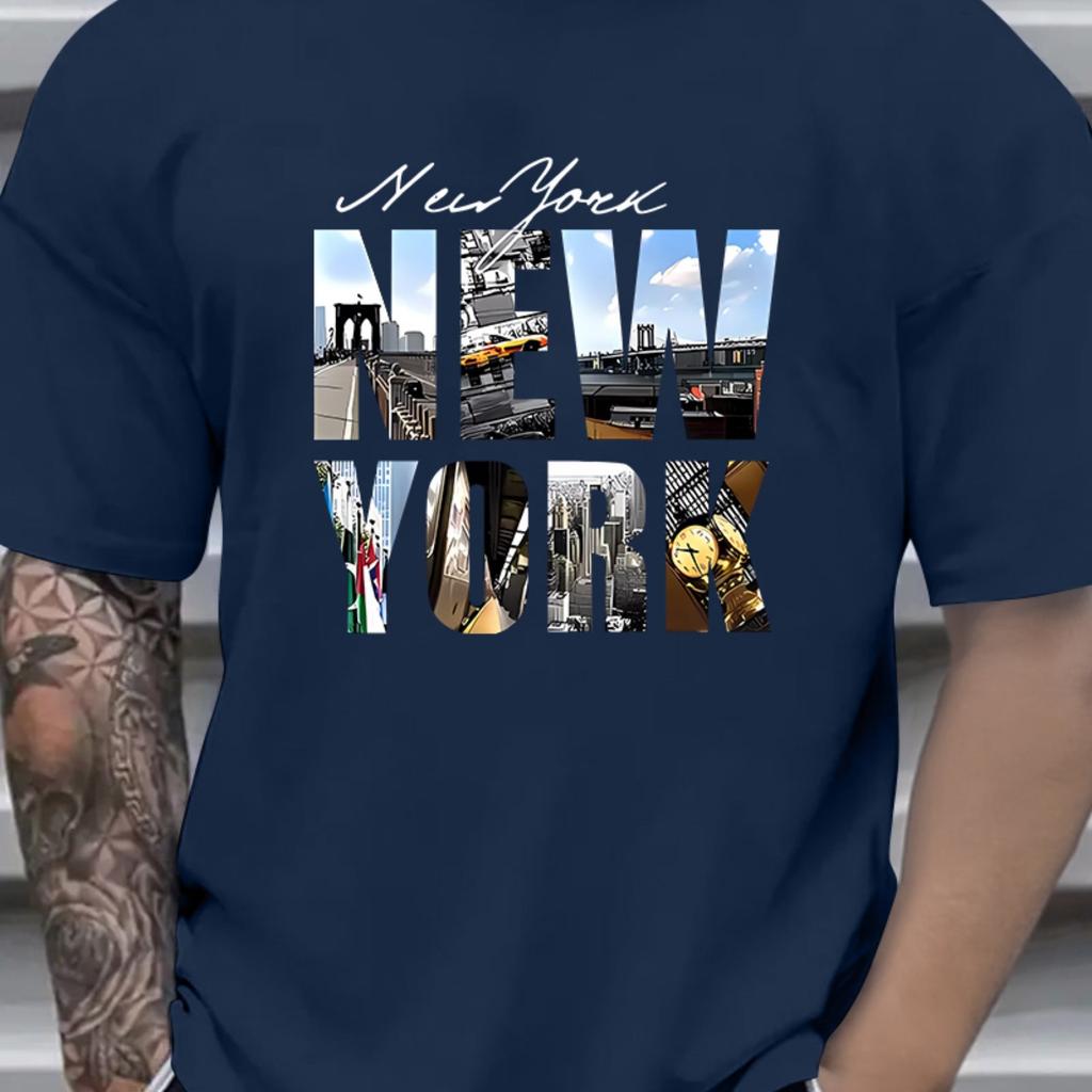 Mens Summer Cotton Fashion Casual Loose New York Pattern Print Sports Round Neck Shortsleeved Tshirt Top Casual Comfortable