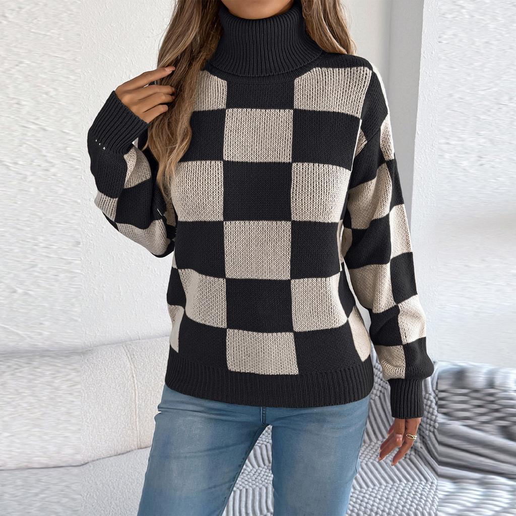 Women's Casual Turtleneck Contrasting Plaid  Long Sleeve Sweater